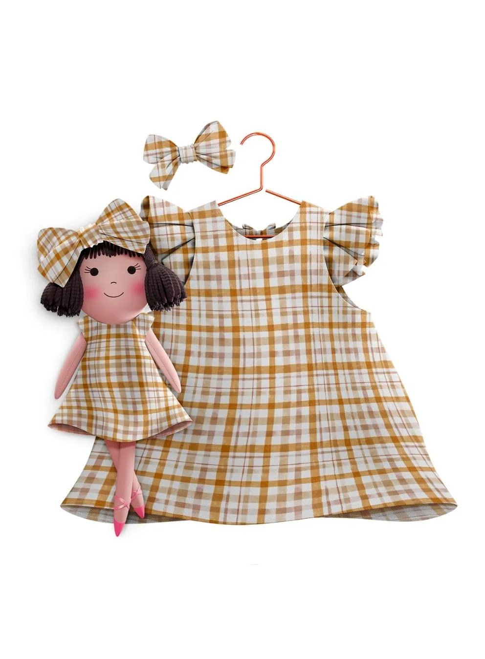 Girls cotton dress with matching handmade cloth doll