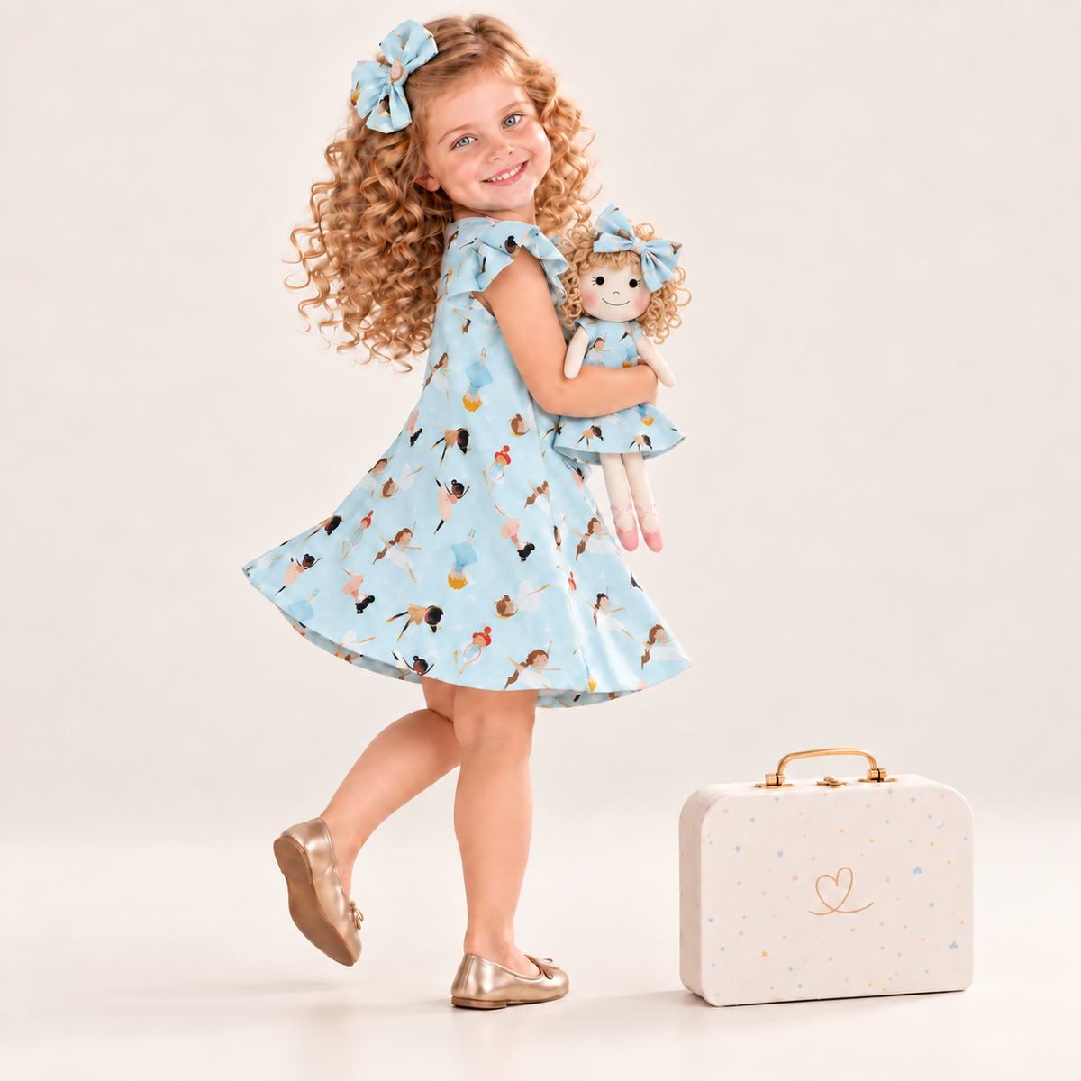 Girl in Ballerina dress holding matching Annie doll, with Petit Case