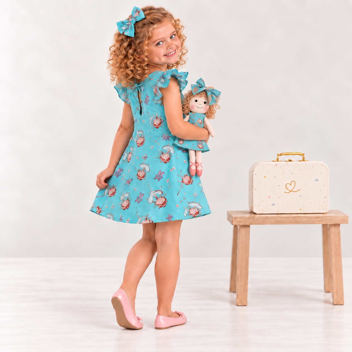 Girl in Ballet dress holding matching Annie doll, with Petit Case