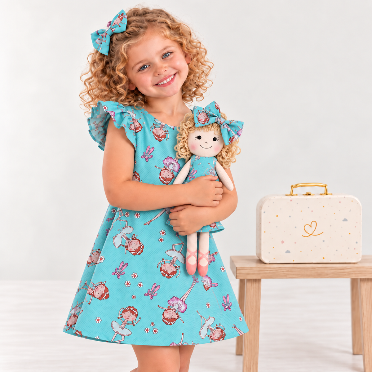 Girl in Ballet dress holding matching Annie doll, with Petit Case