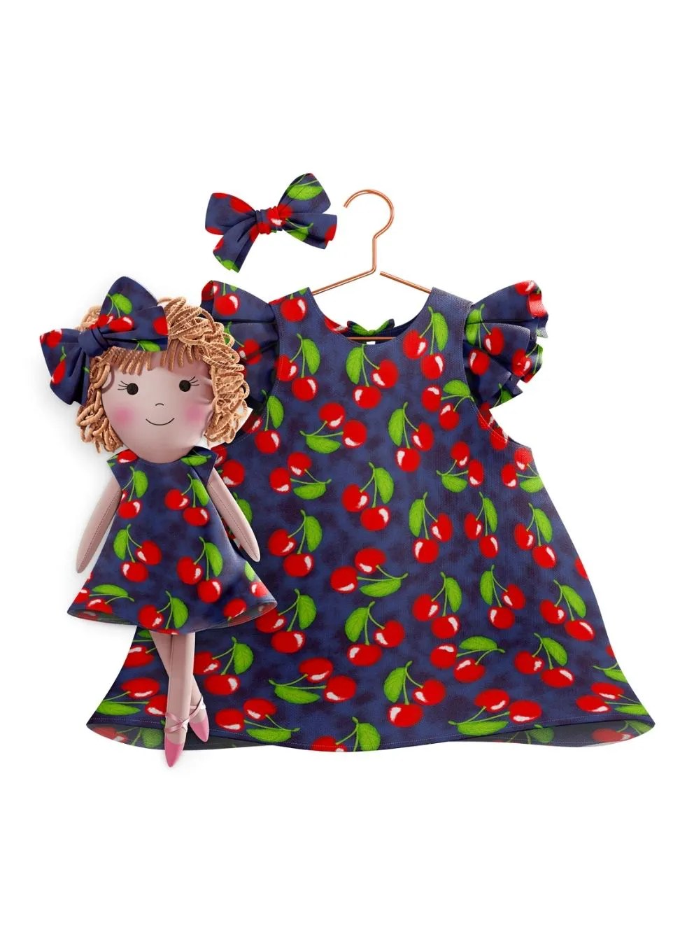 Girls cotton dress with matching handmade cloth doll
