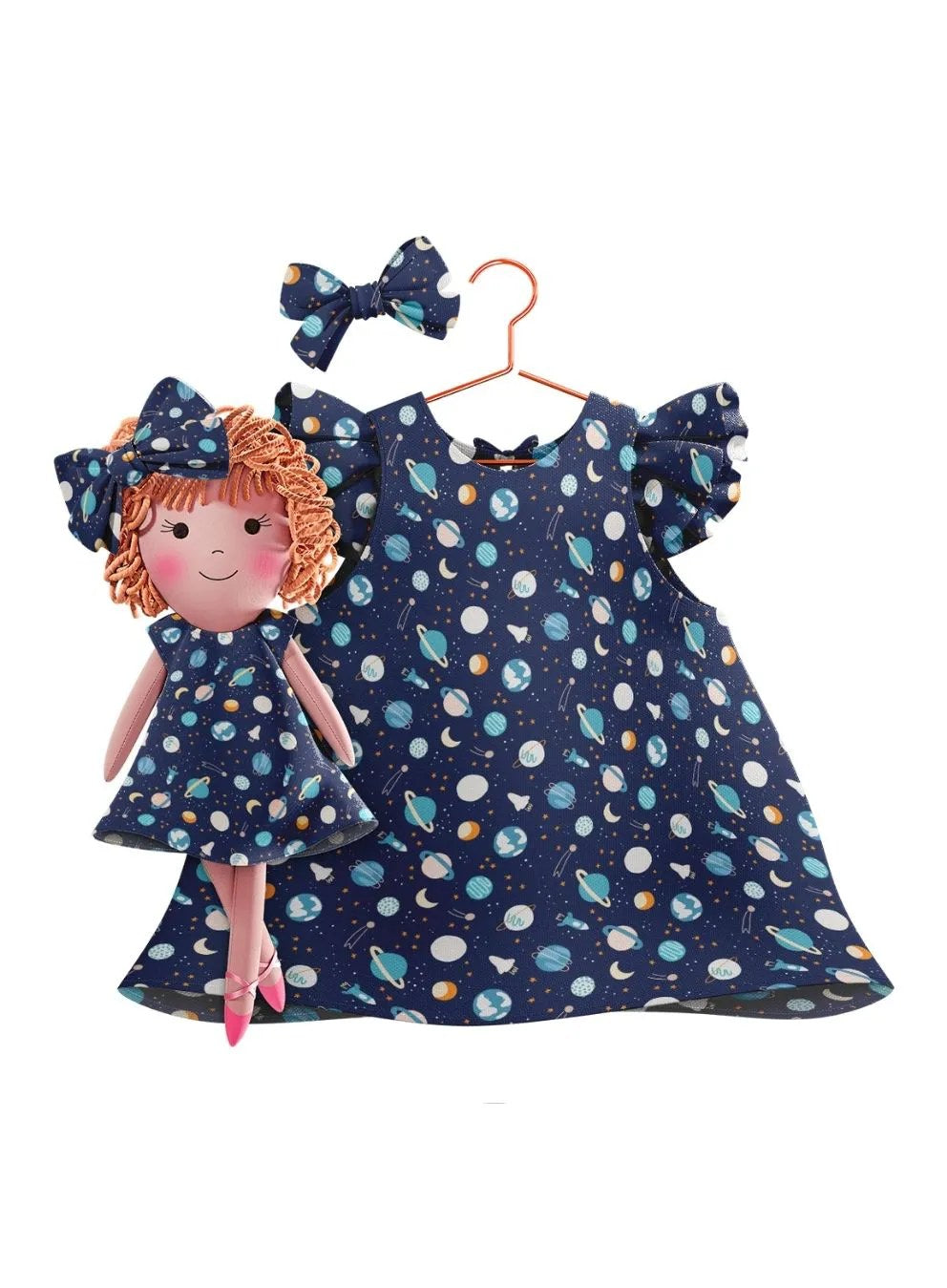 Girls cotton dress with matching handmade cloth doll