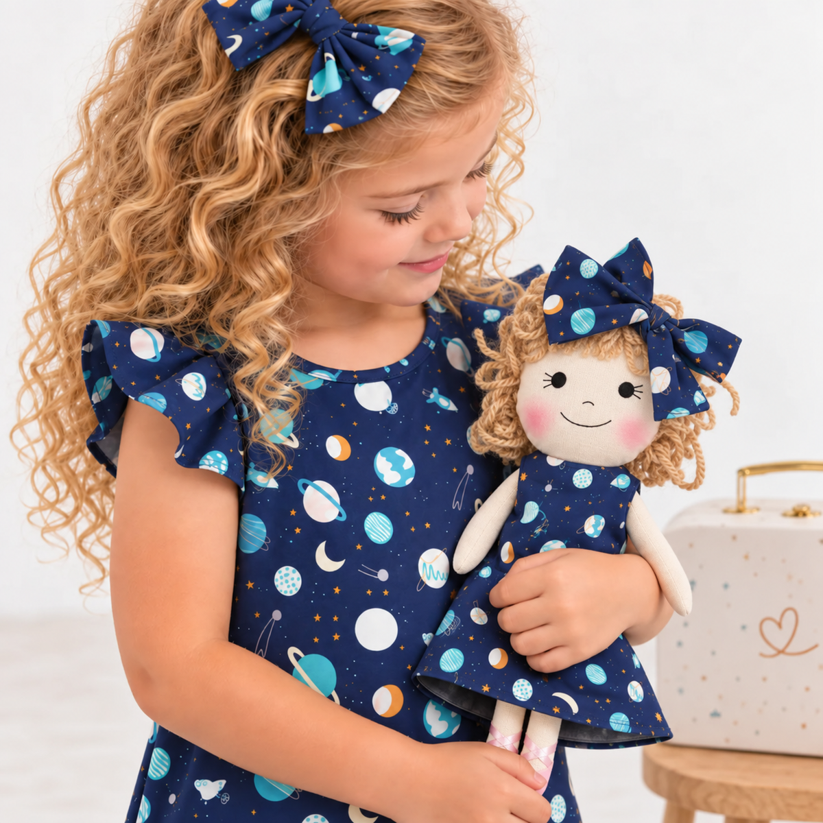 Girl in Space dress holding matching Annie doll, with Petit Case