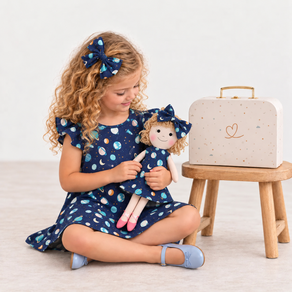Girl in Space dress holding matching Annie doll, with Petit Case