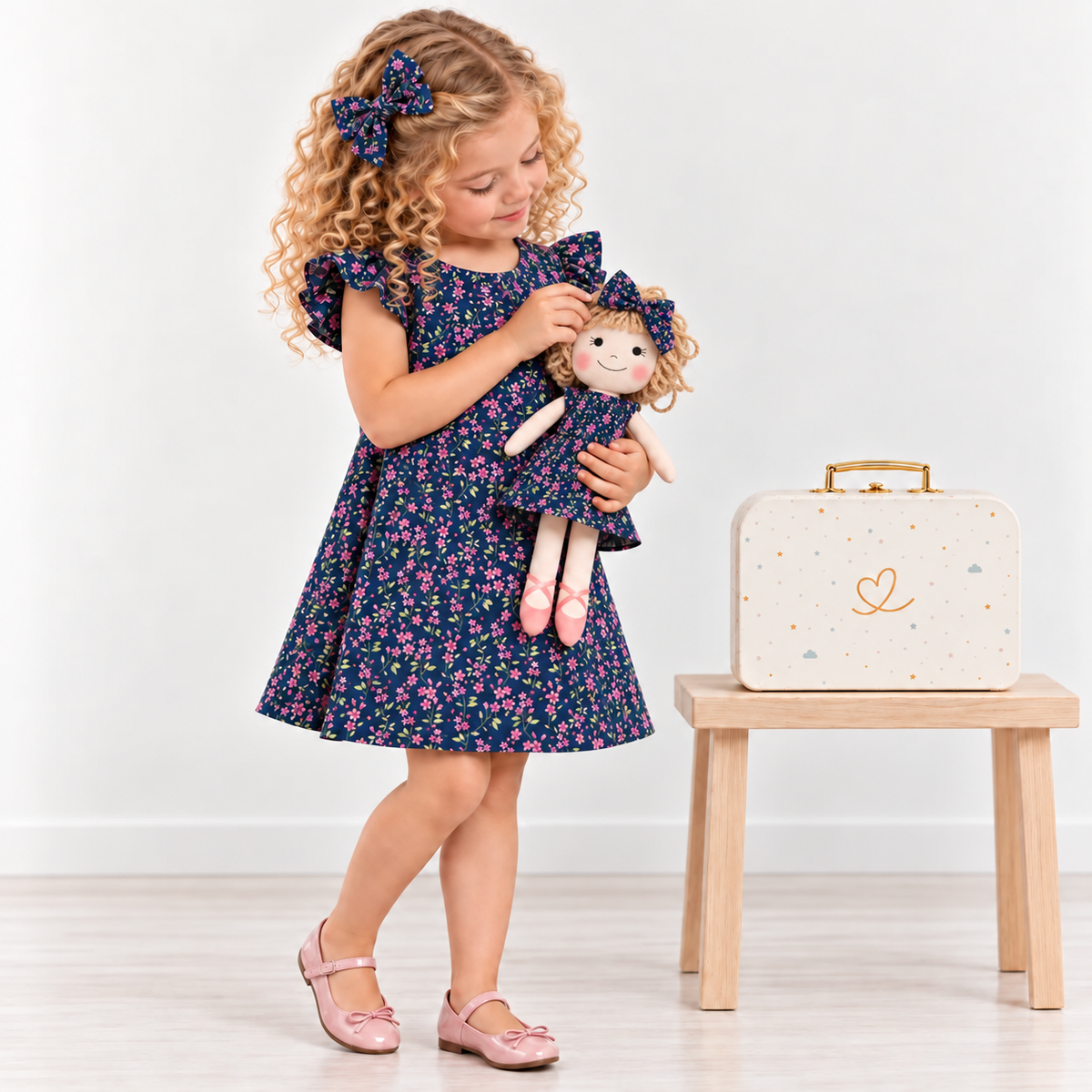 Girl in Blossom dress holding matching Annie doll, with Petit Case
