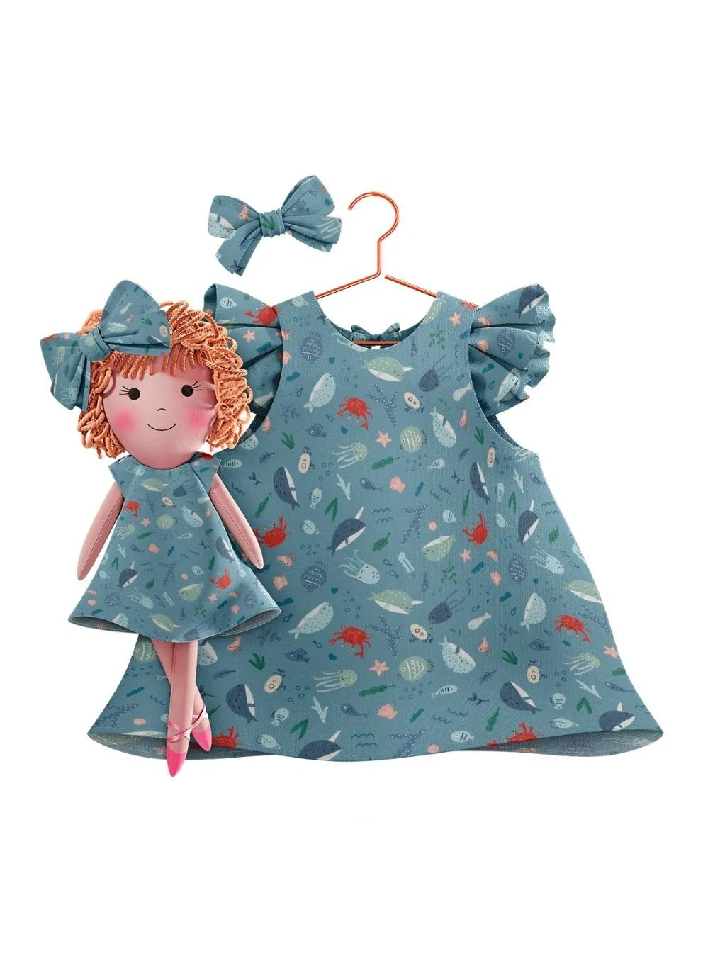 Girls cotton dress with matching handmade cloth doll