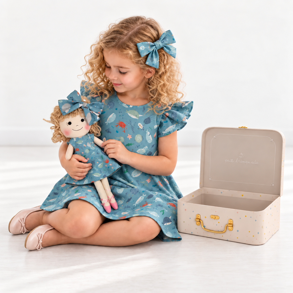 Girl in Under the Sea dress holding matching Annie doll, with Petit Case
