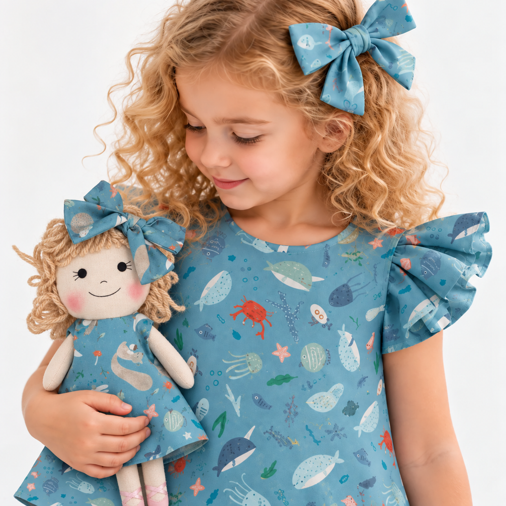 Girl in Under the Sea dress holding matching Annie doll, with Petit Case