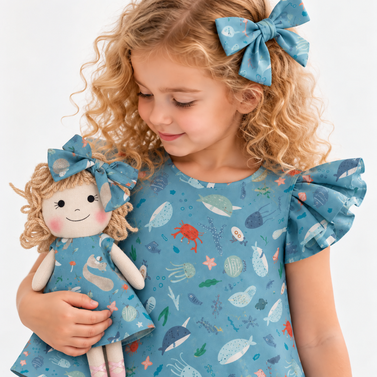 Girl in Under the Sea dress holding matching Annie doll, with Petit Case
