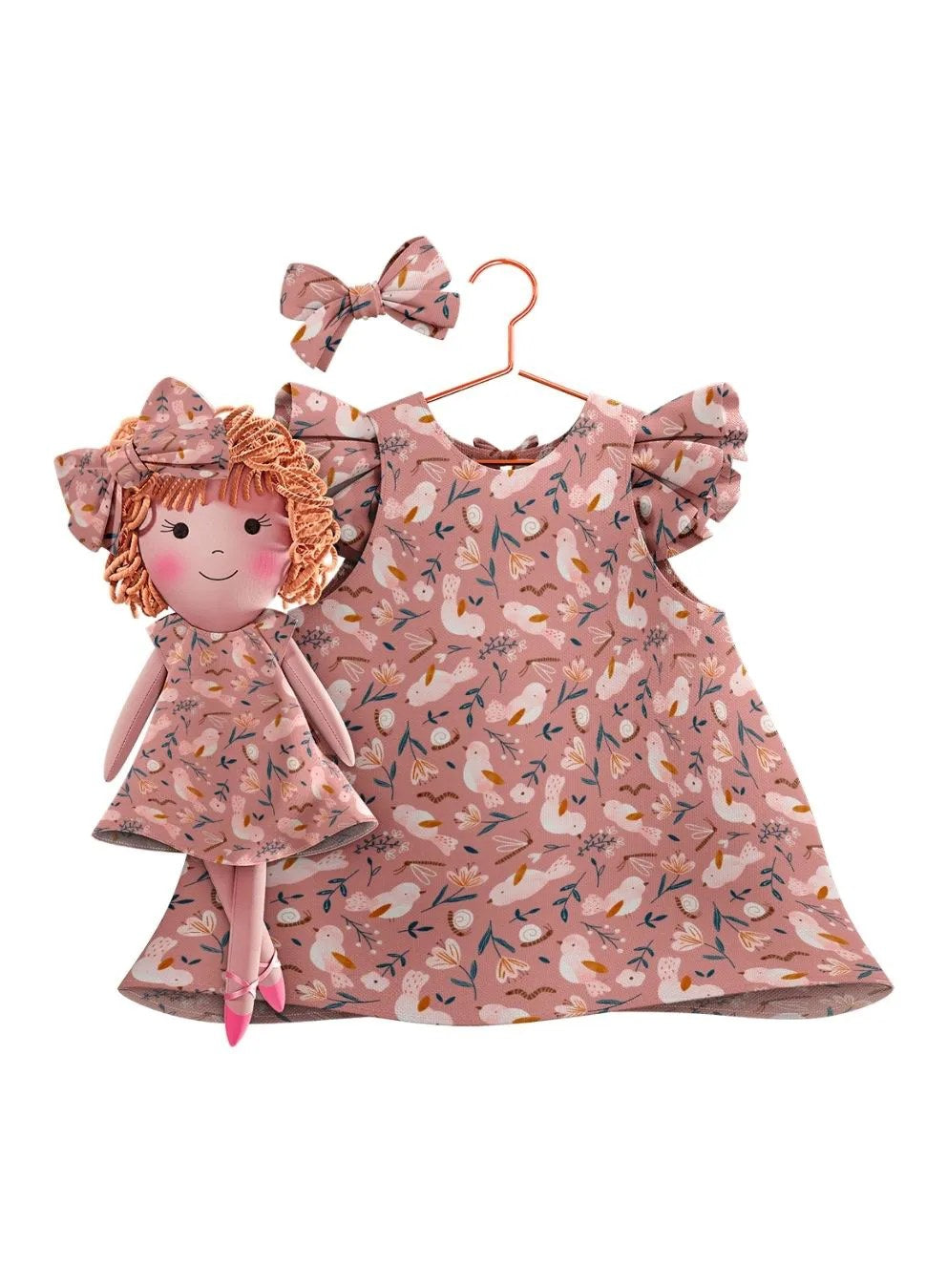 Girls cotton dress with matching handmade cloth doll