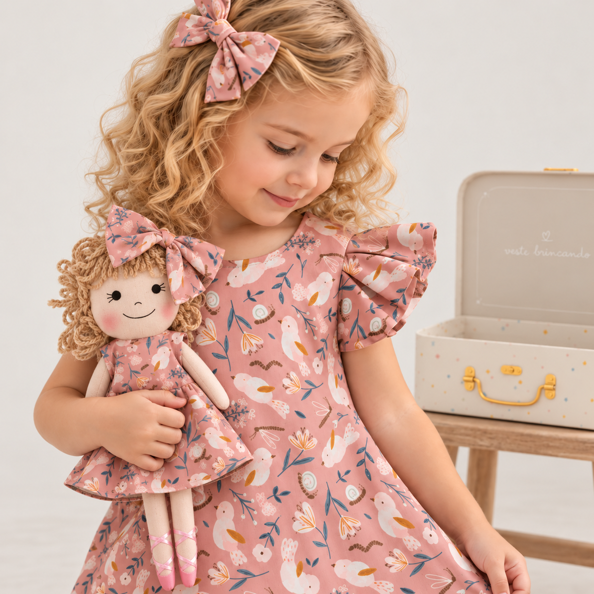 Girl in Garden dress holding matching Annie doll, with Petit Case