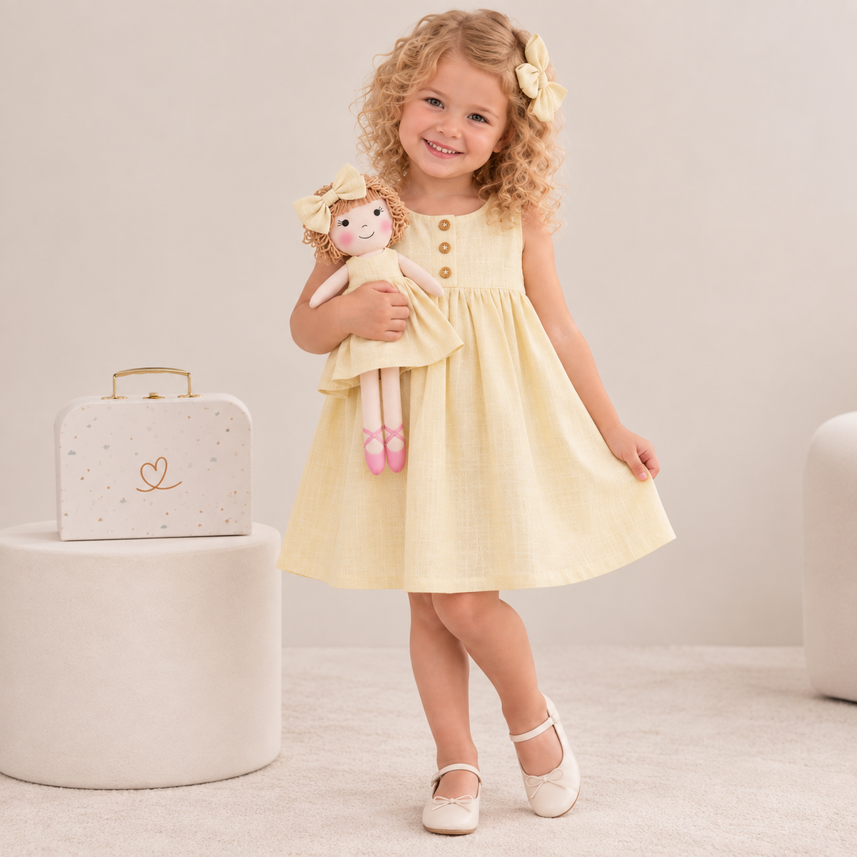 Girl in Classic Yellow dress holding matching Annie doll, with Petit Case