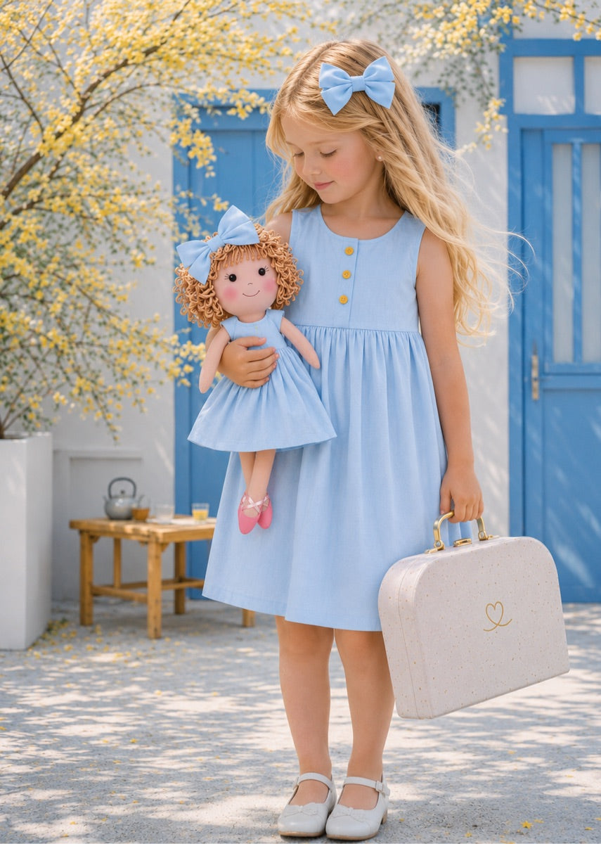 Girls Classic Blue Dress & Matching Doll Set with Petit Case – Annie