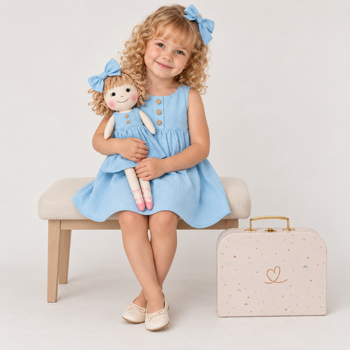 Girl in Classic Blue dress holding matching Annie doll, with Petit Case