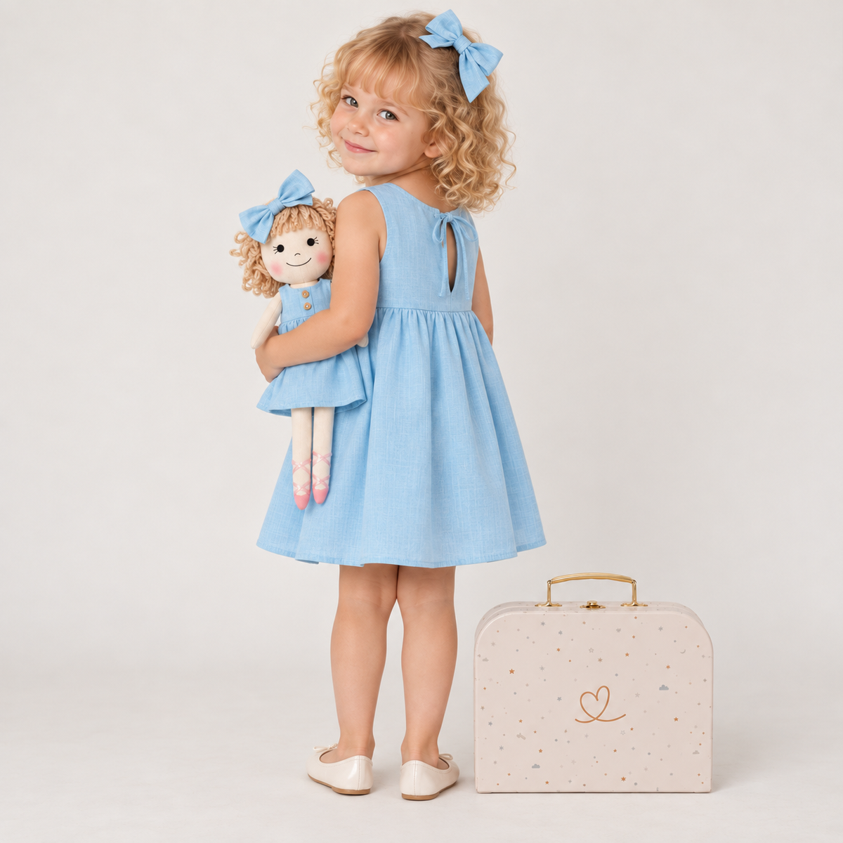 Girl in Classic Blue dress holding matching Annie doll, with Petit Case
