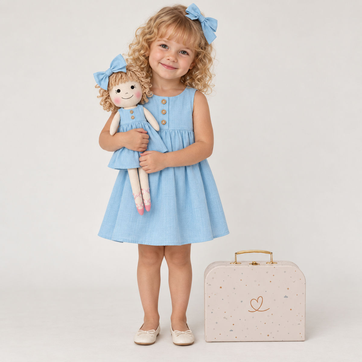 Girl in Classic Blue dress holding matching Annie doll, with Petit Case