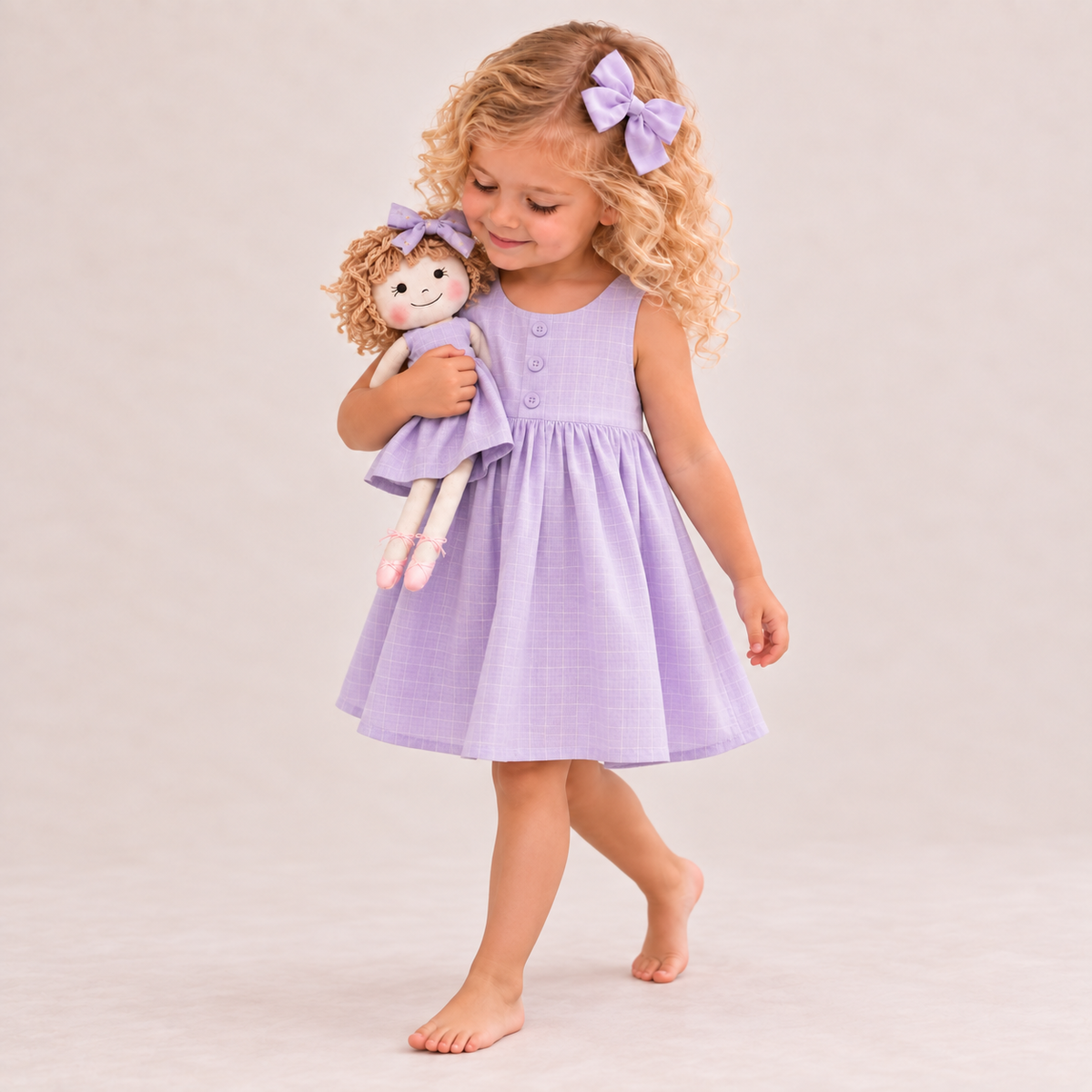 Girl in Classic Lavender dress holding matching Annie doll, with Petit Case