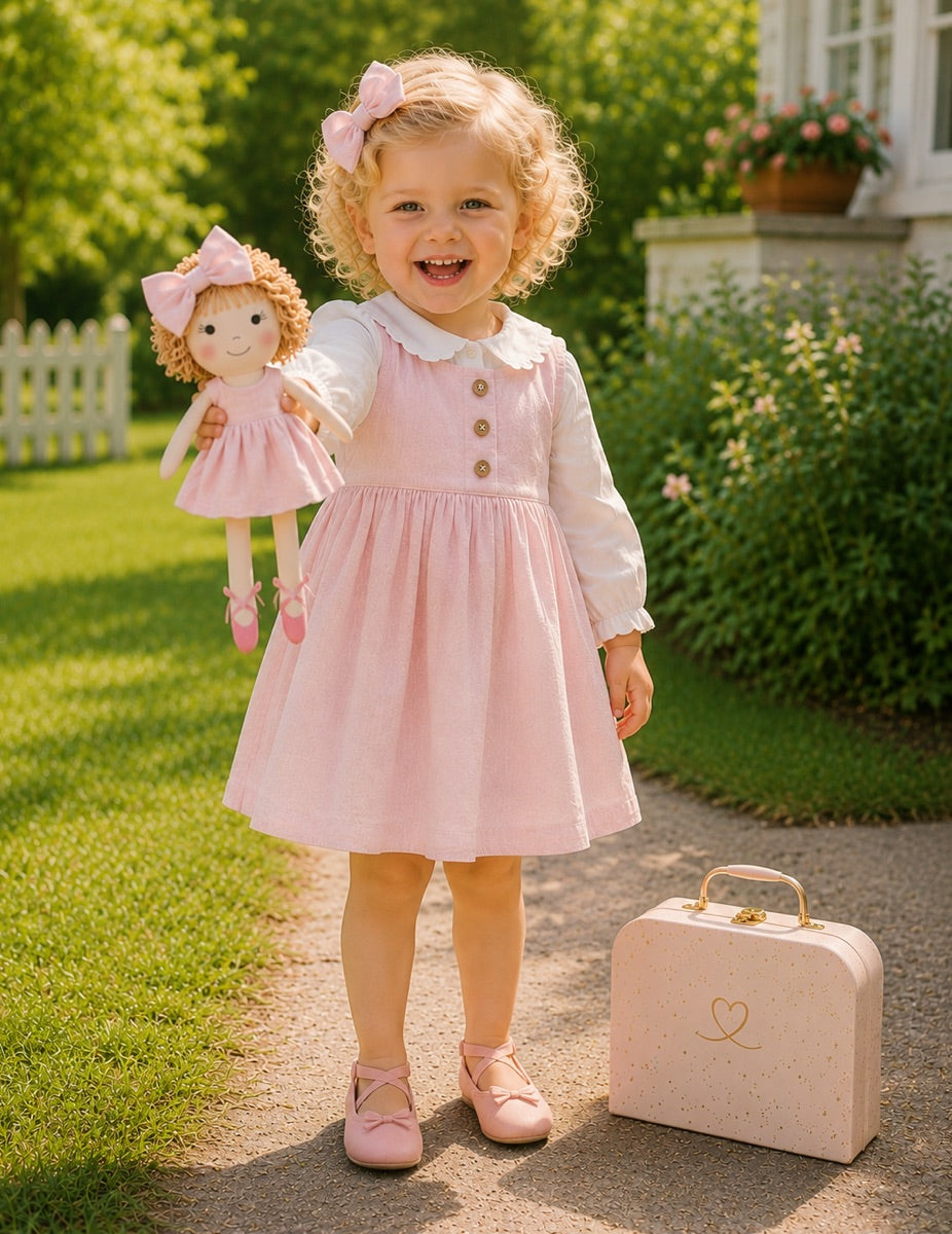Girls Classic Pink Dress & Matching Doll Set with Petit Case – Annie