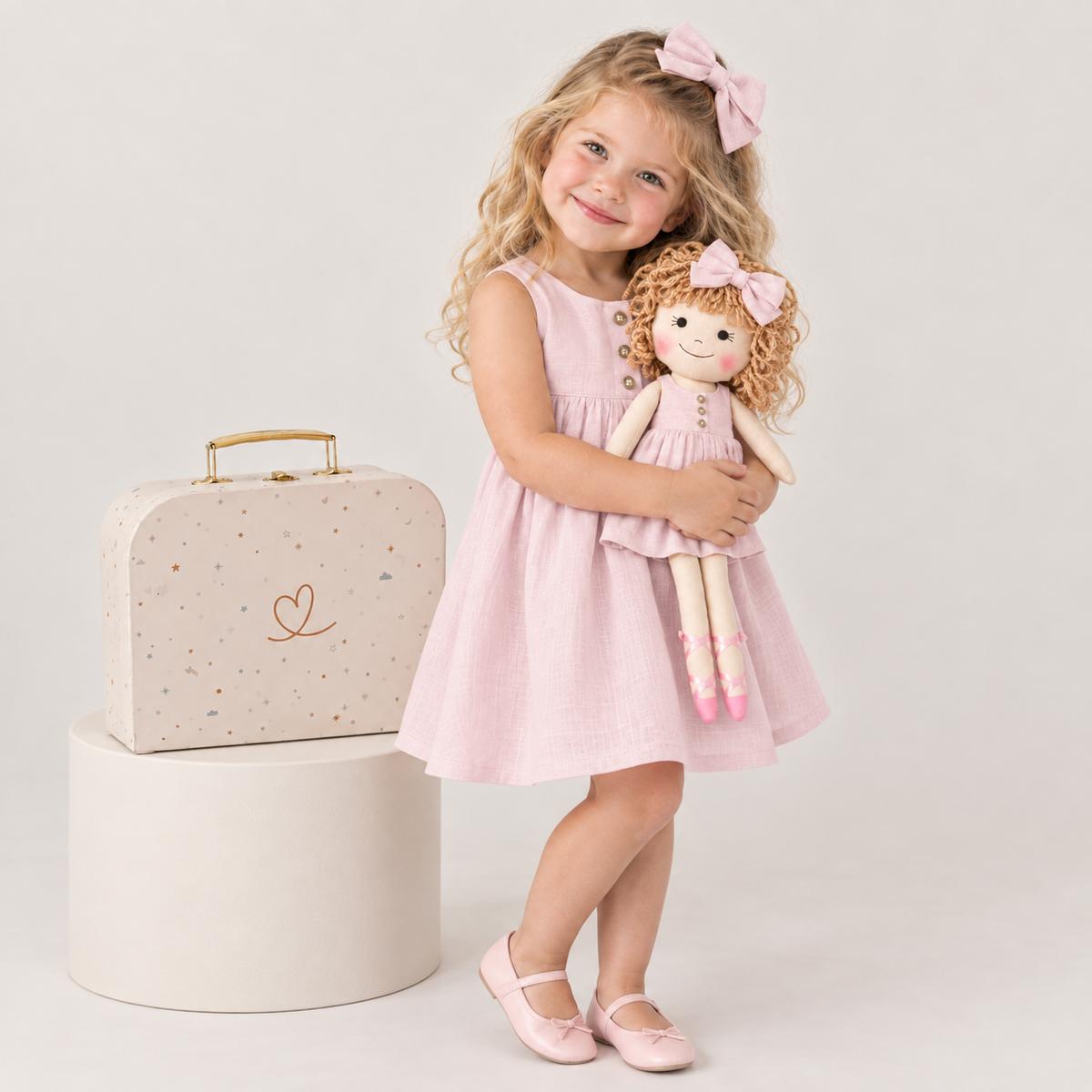 Girl in Classic Pink dress holding matching Annie doll, with Petit Case