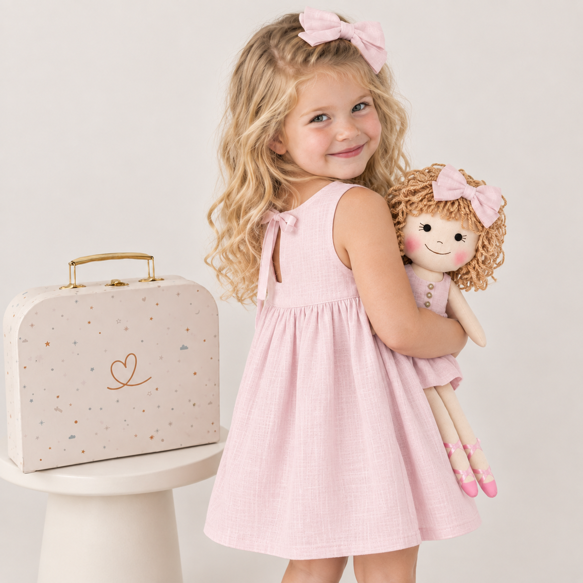 Girl in Classic Pink dress holding matching Annie doll, with Petit Case