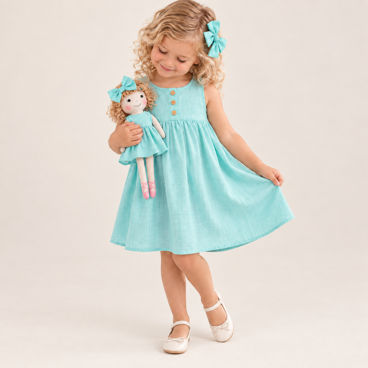 Girl in Classic Green dress holding matching Annie doll, with Petit Case