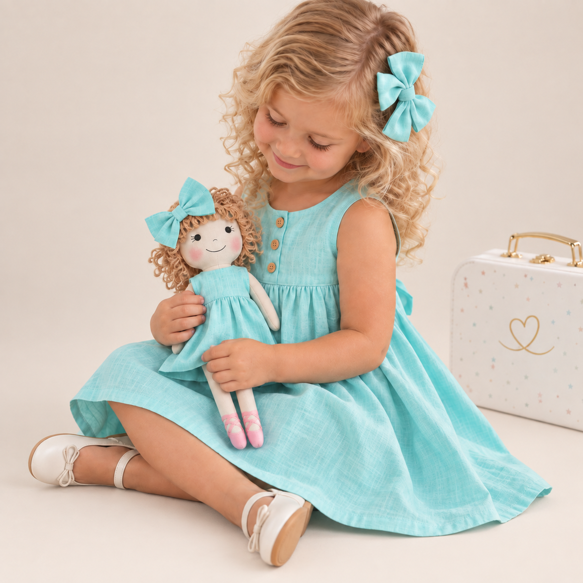 Girl in Classic Green dress holding matching Annie doll, with Petit Case