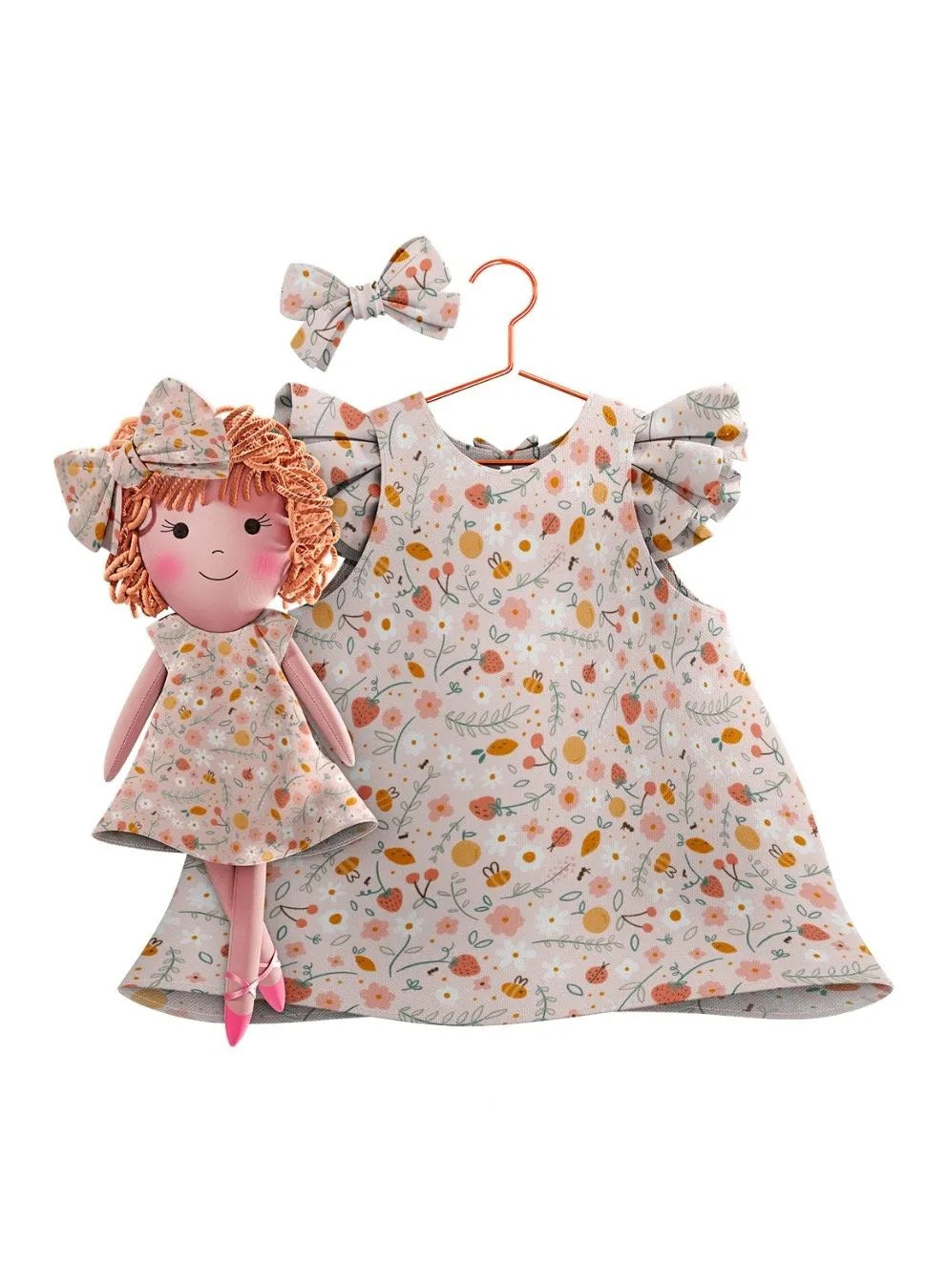 Girls cotton dress with matching handmade cloth doll