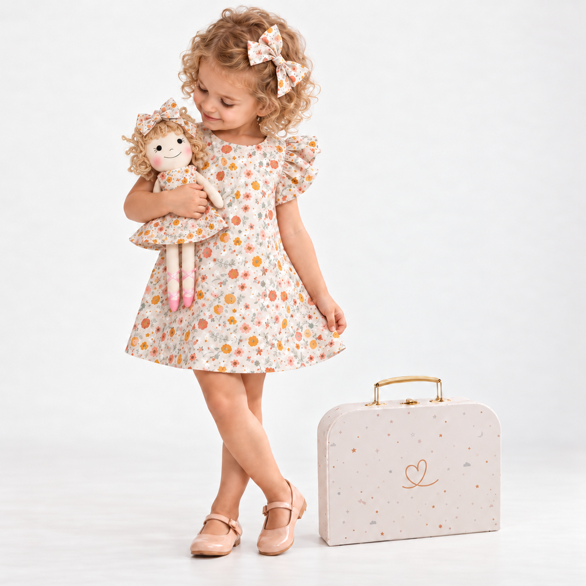 Girl in Picnic dress holding matching Annie doll, with Petit Case