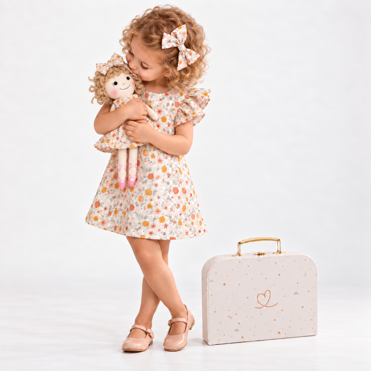 Girl in Picnic dress holding matching Annie doll, with Petit Case