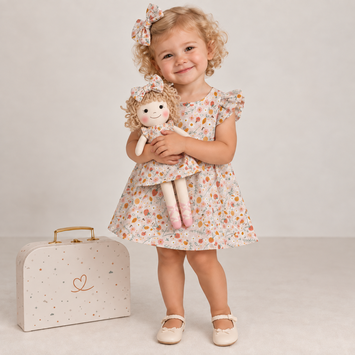 Girl in Picnic dress holding matching Annie doll, with Petit Case