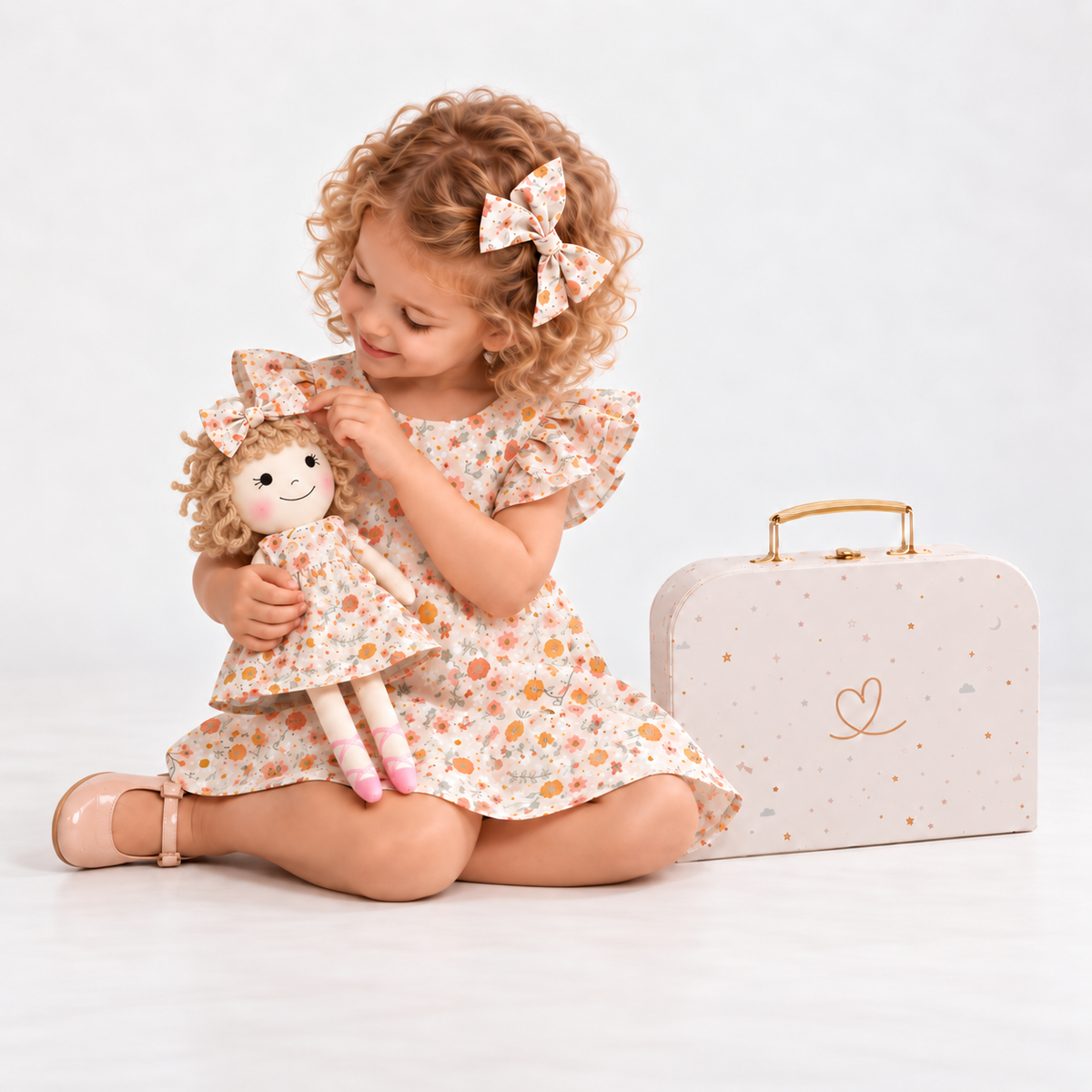 Girl in Picnic dress holding matching Annie doll, with Petit Case