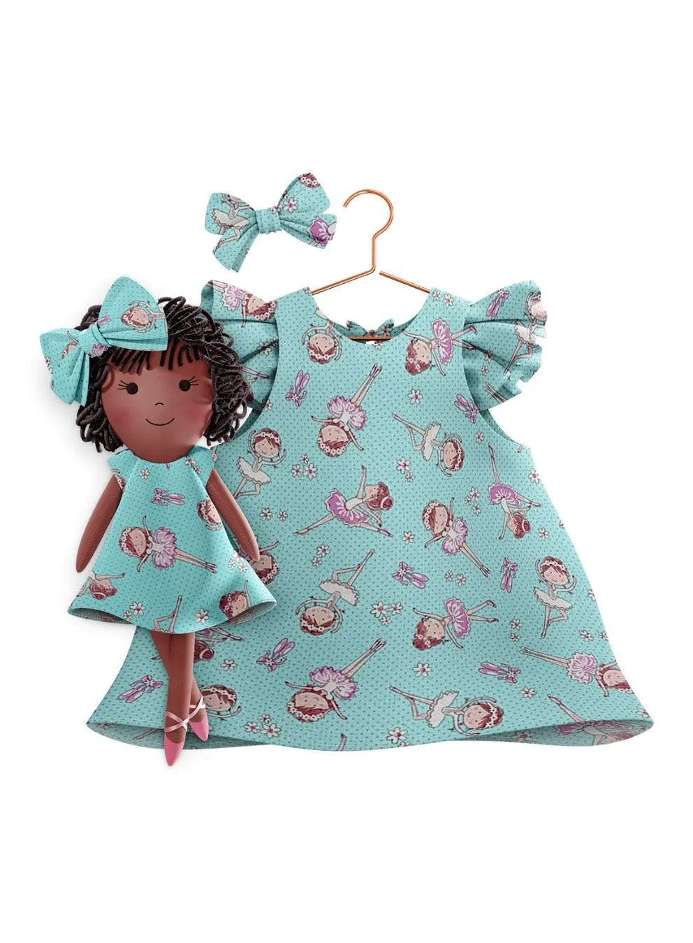 Girls cotton dress with matching handmade cloth doll