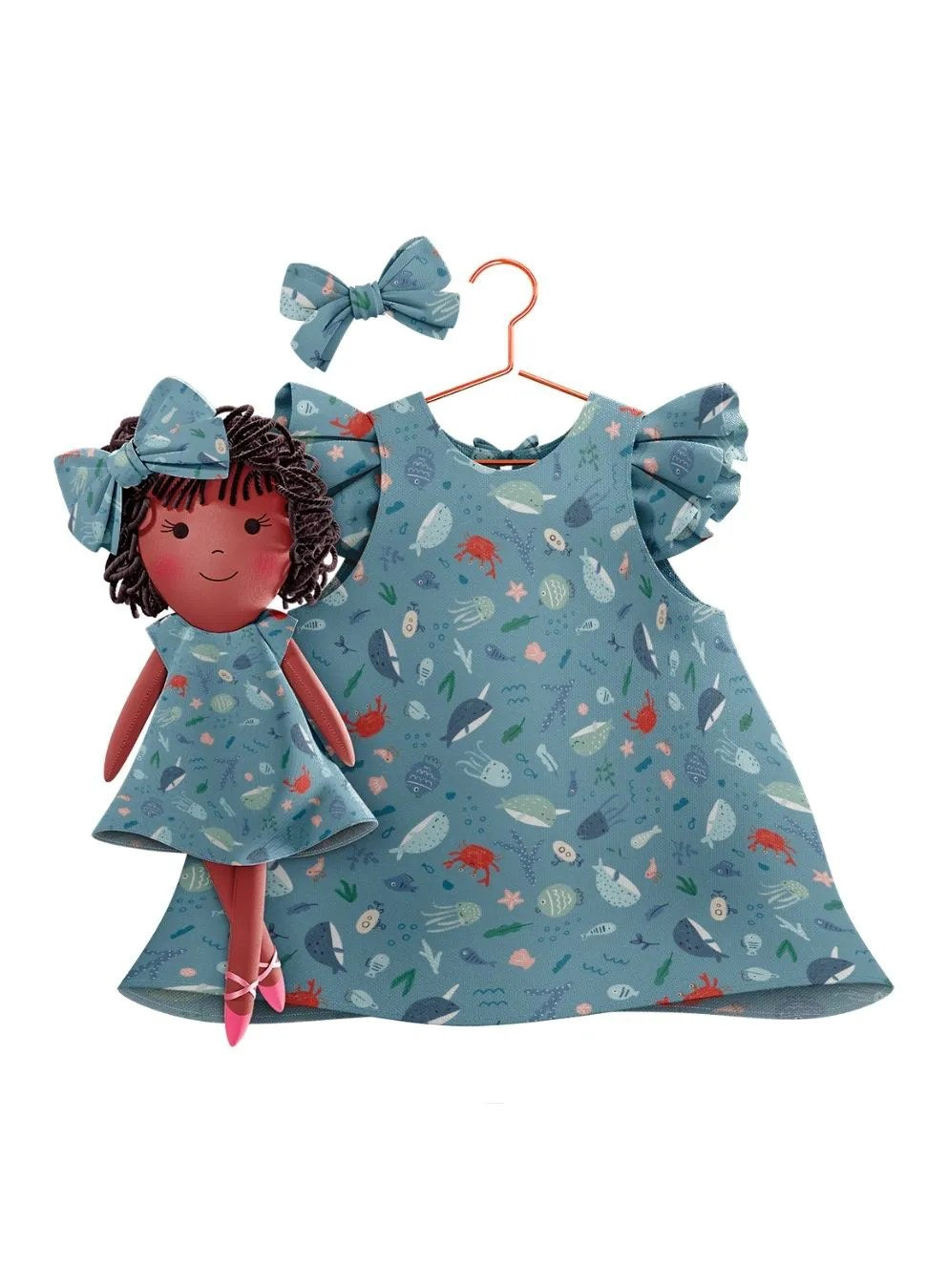 Girls cotton dress with matching handmade cloth doll