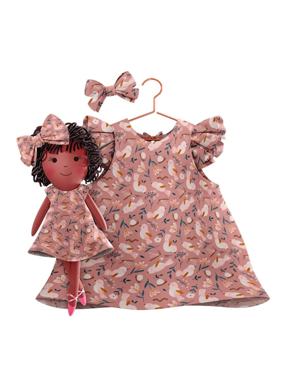 Girls cotton dress with matching handmade cloth doll