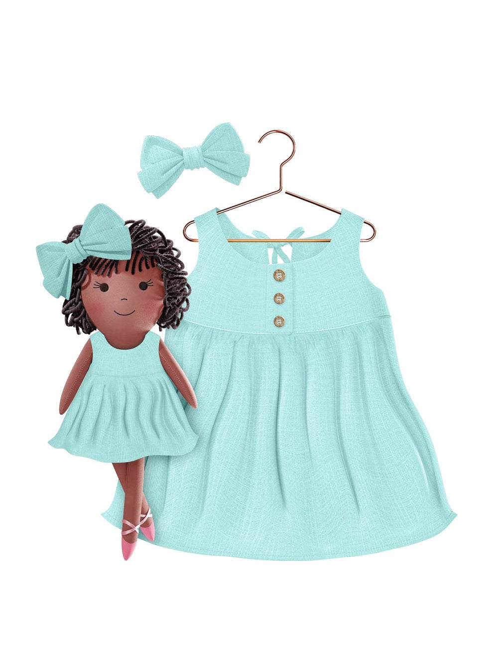 Girls cotton dress with matching handmade cloth doll