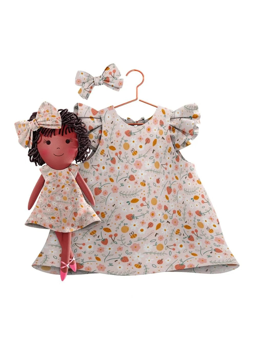 Girls cotton dress with matching handmade cloth doll