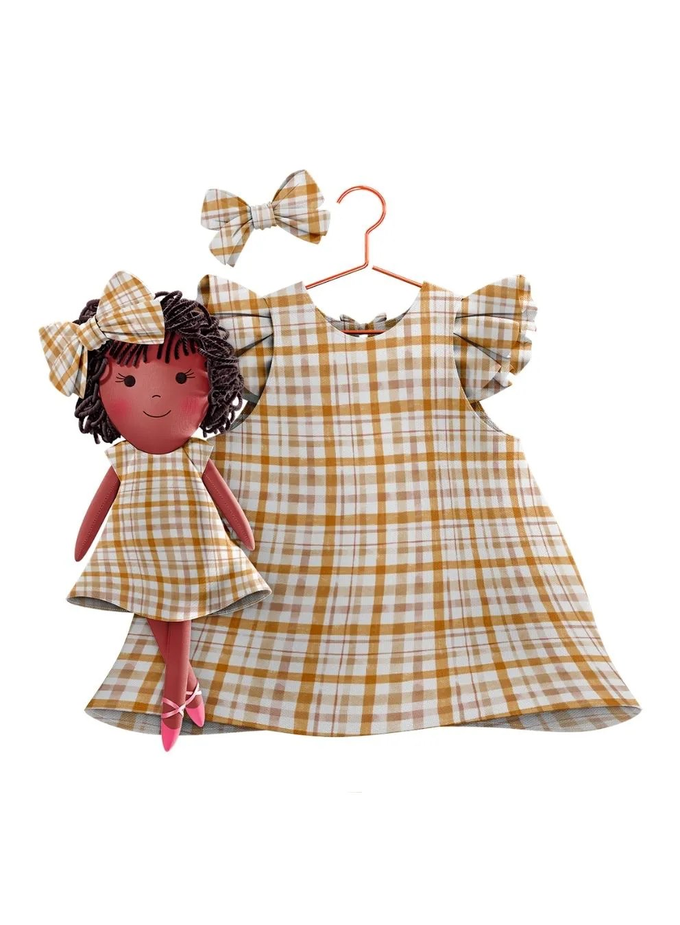 Girls cotton dress with matching handmade cloth doll
