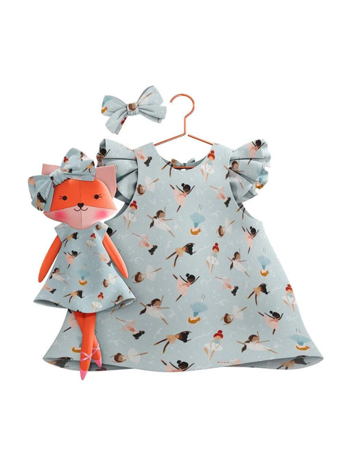 Girls cotton dress with matching handmade cloth doll