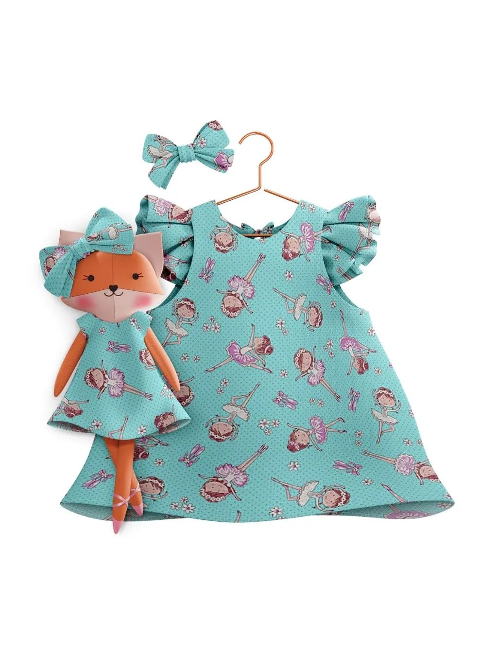 Girls cotton dress with matching handmade cloth doll
