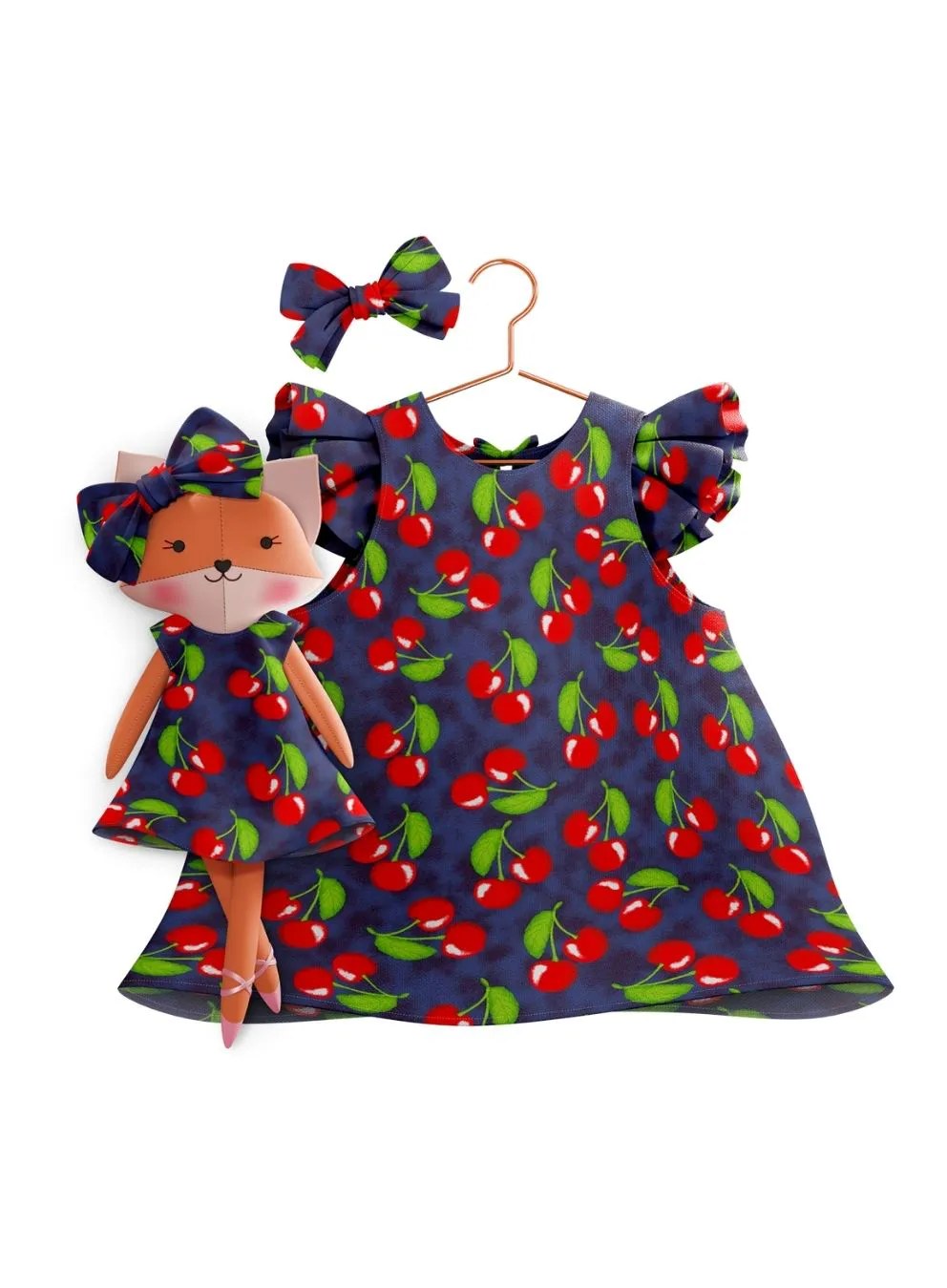 Girls cotton dress with matching handmade cloth doll