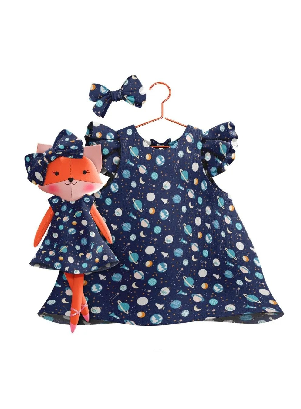Girls cotton dress with matching handmade cloth doll