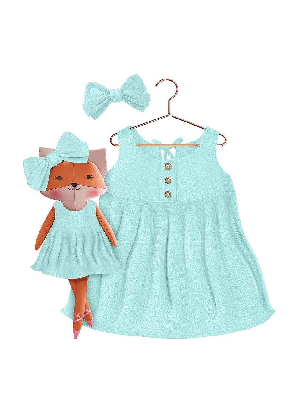 Girls cotton dress with matching handmade cloth doll