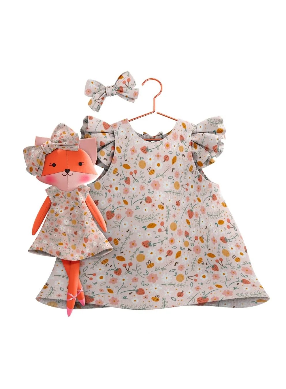 Girls cotton dress with matching handmade cloth doll