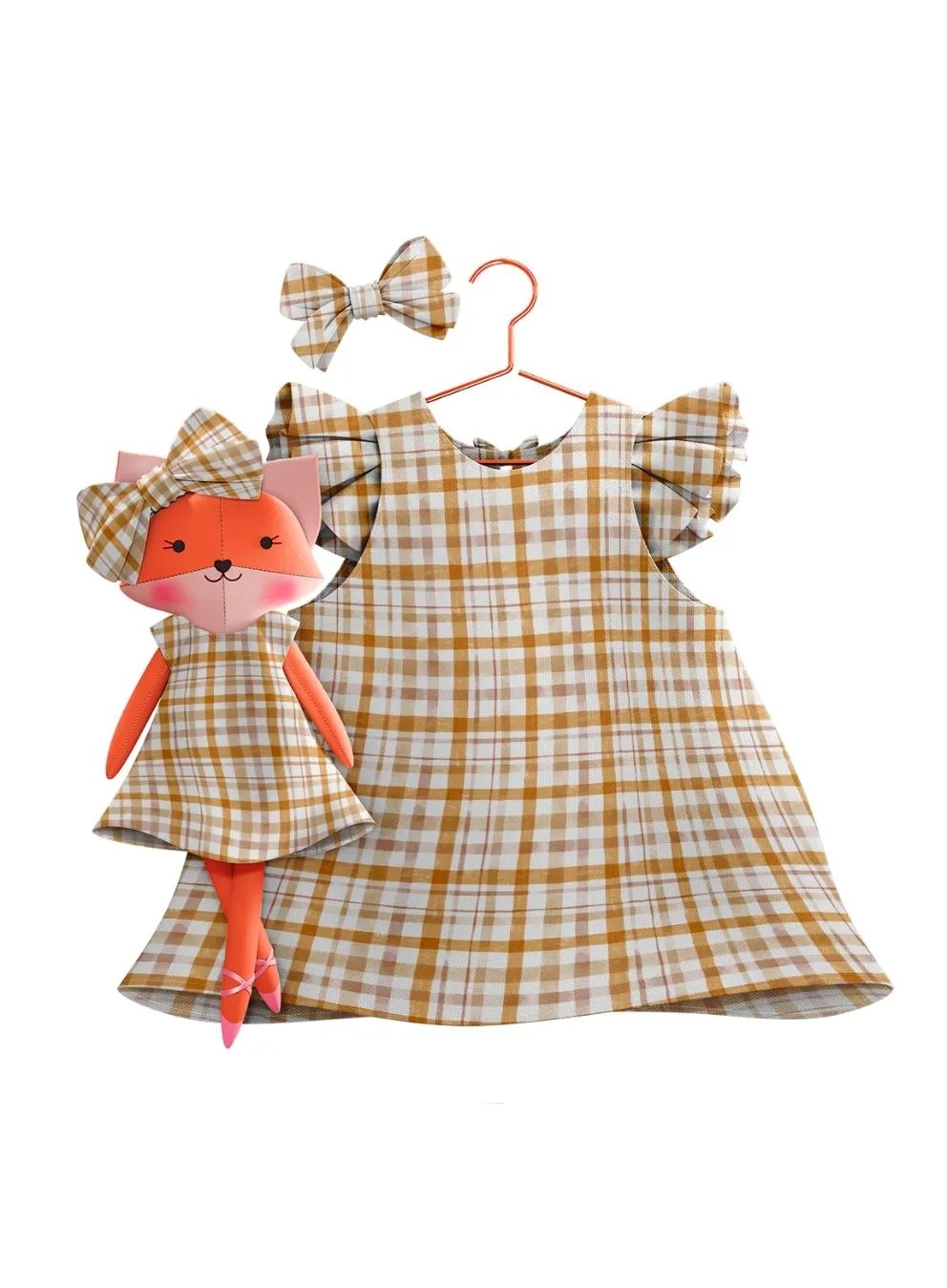 Girls cotton dress with matching handmade cloth doll