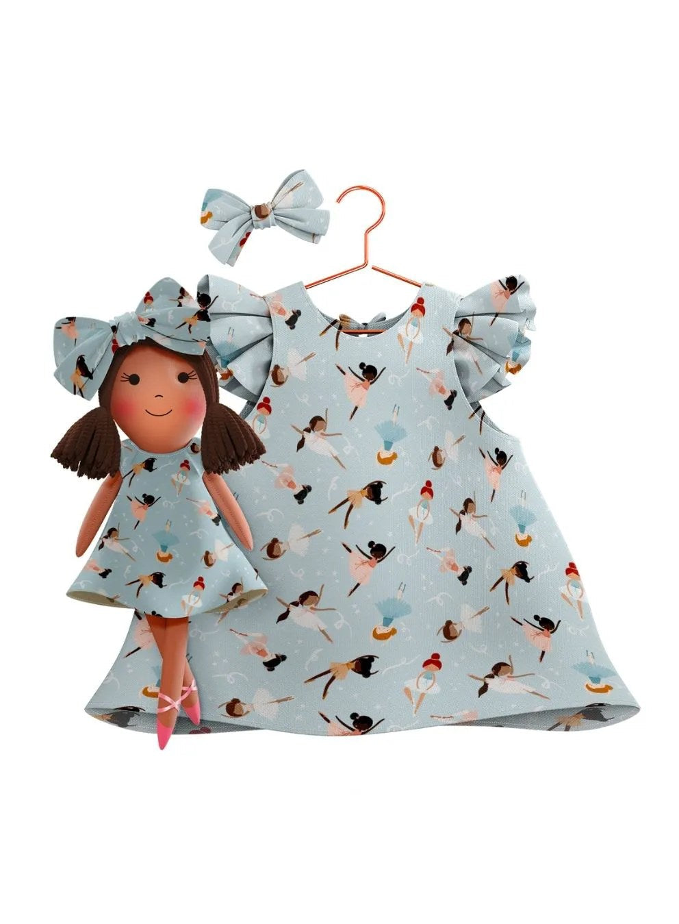 Girls cotton dress with matching handmade cloth doll