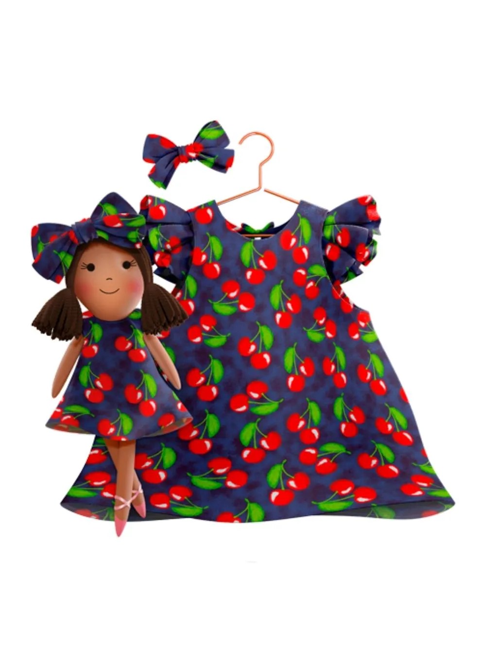 Girls cotton dress with matching handmade cloth doll