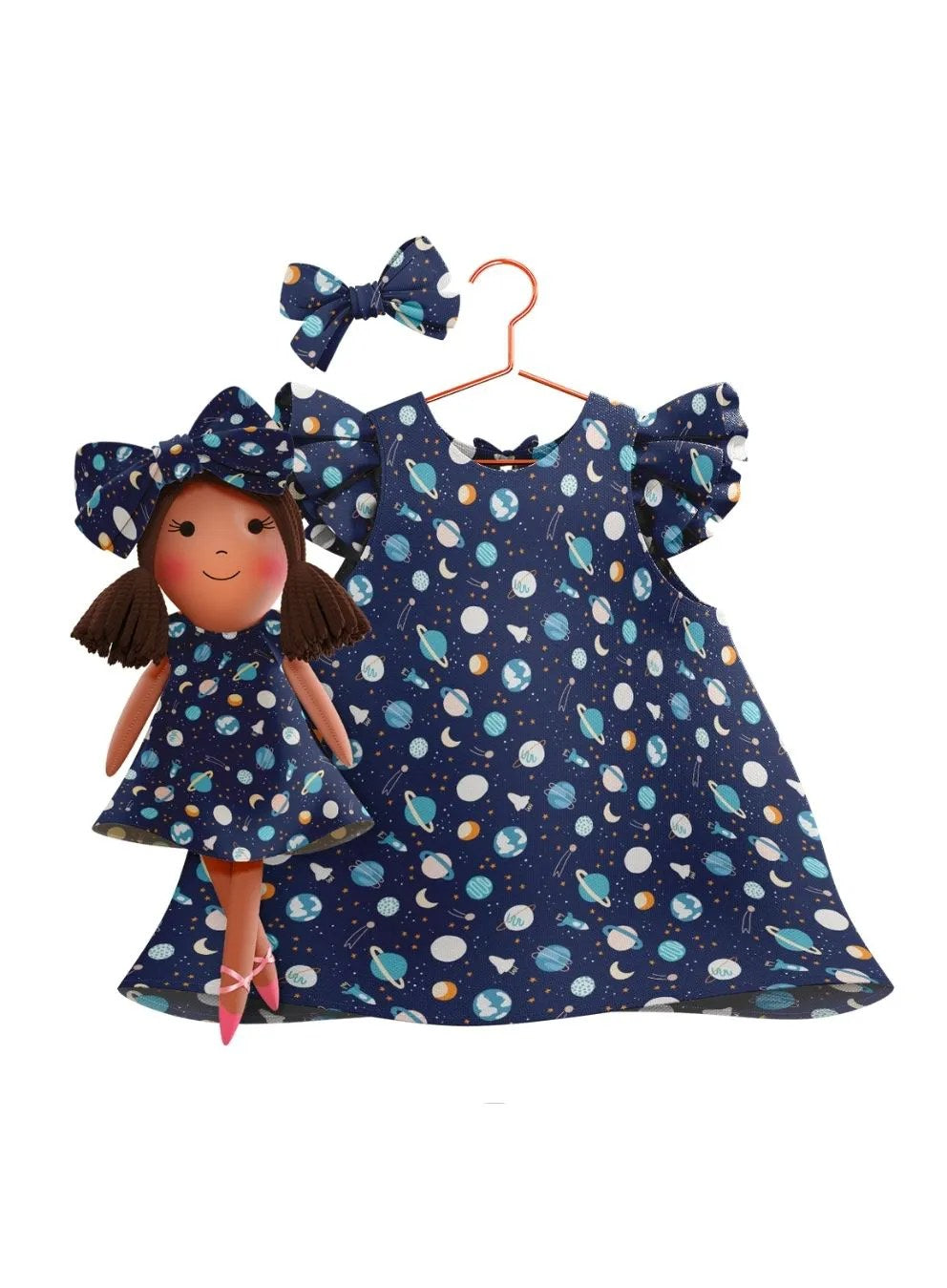 Girls cotton dress with matching handmade cloth doll