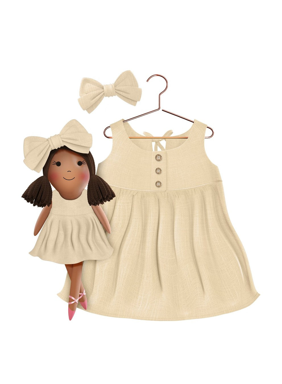 Girls cotton dress with matching handmade cloth doll