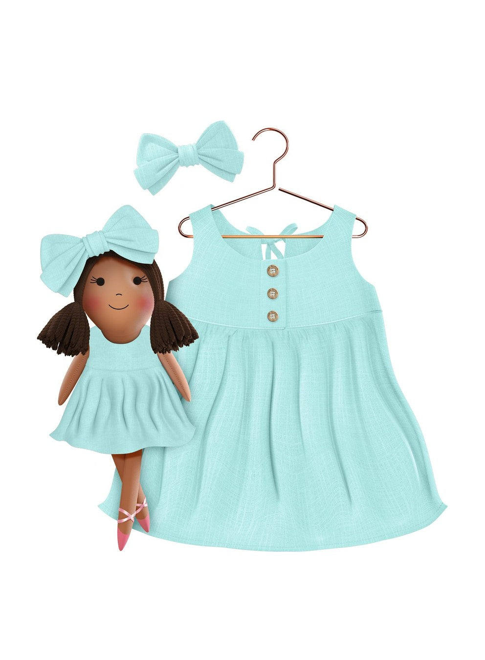 Girls cotton dress with matching handmade cloth doll