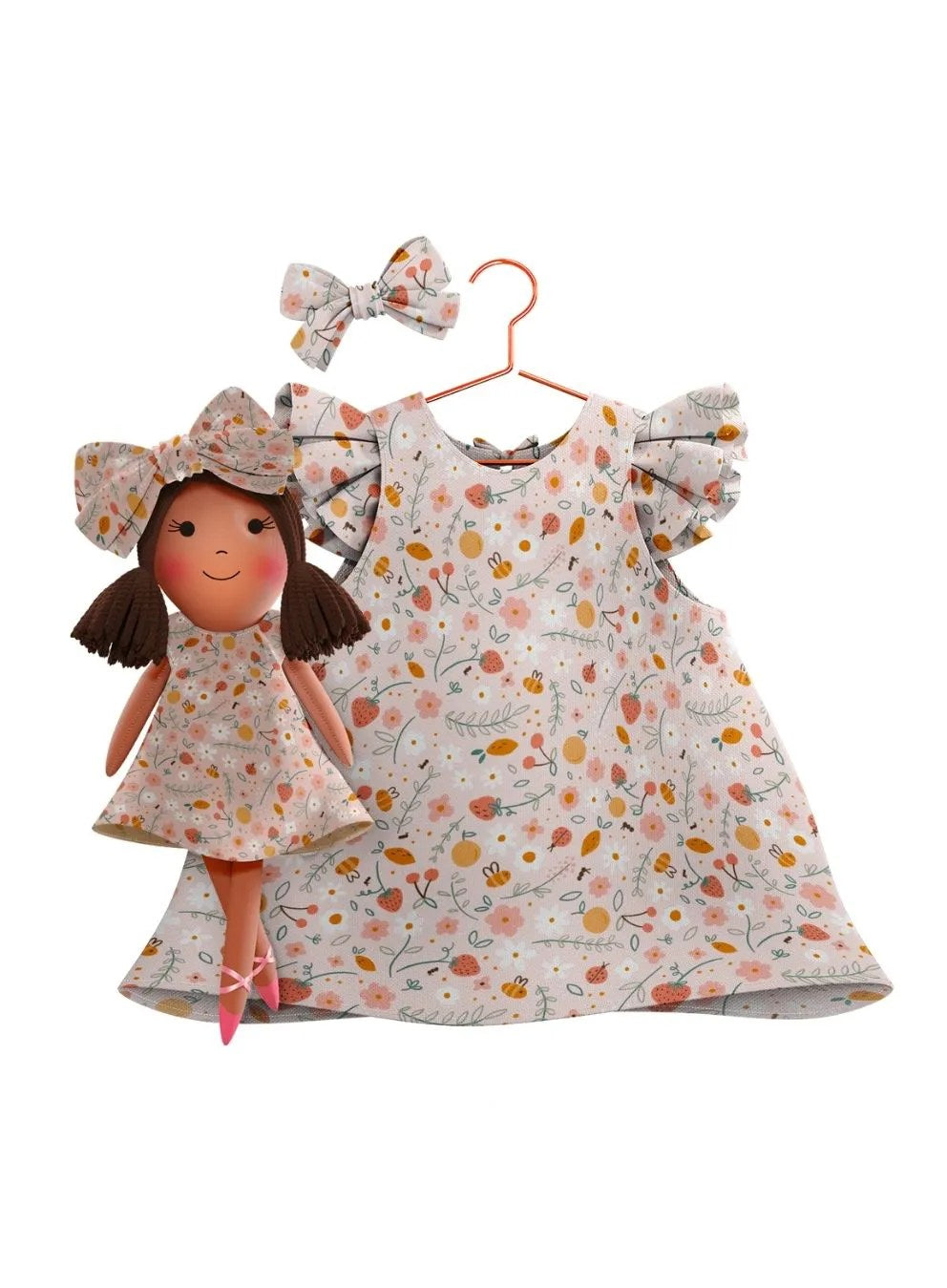 Girls cotton dress with matching handmade cloth doll